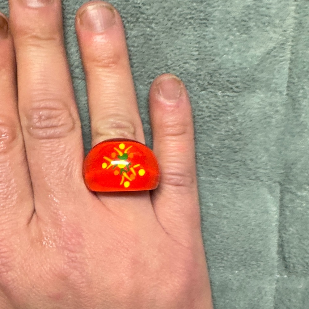 Vintage Plastic Ring, Red, Yellow, Green, Abstract Design, Retro, Boho, Size 8.5